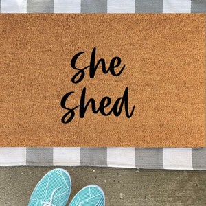 She Shed Doormat, hand painted doormat, welcome mat, cute doormat, housewarming gift, boho decor, custom doormat