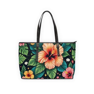 Umhängetasche aus PU-Leder mit Blumenmuster | Hibiskus Print Tragetasche für Sommer, Reisen, Strandtage, nettes Geschenk