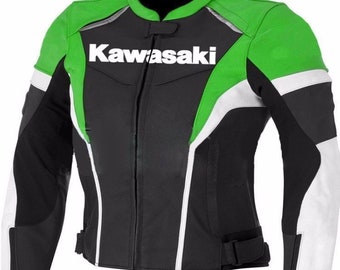 Elegant Men's Green Black White Color Genuine Leather Kawasaki Ninja Racing Bikers Leather Jacket with Safety Pads
