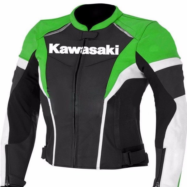 Elegant Men's Green Black White Color Genuine Leather Kawasaki Ninja Racing Bikers Leather Jacket with Safety Pads