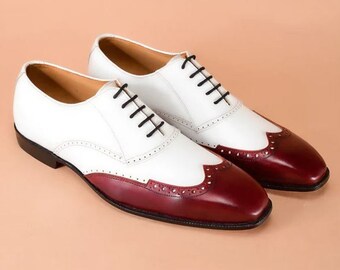 Handmade White & Burgundy Color Genuine Calf Leather Wing Tip Oxfords Lace Up Stylish Shoes for Men's