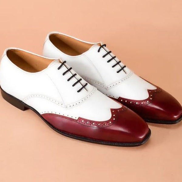 Handmade White & Burgundy Color Genuine Calf Leather Wing Tip Oxfords Lace Up Stylish Shoes for Men's