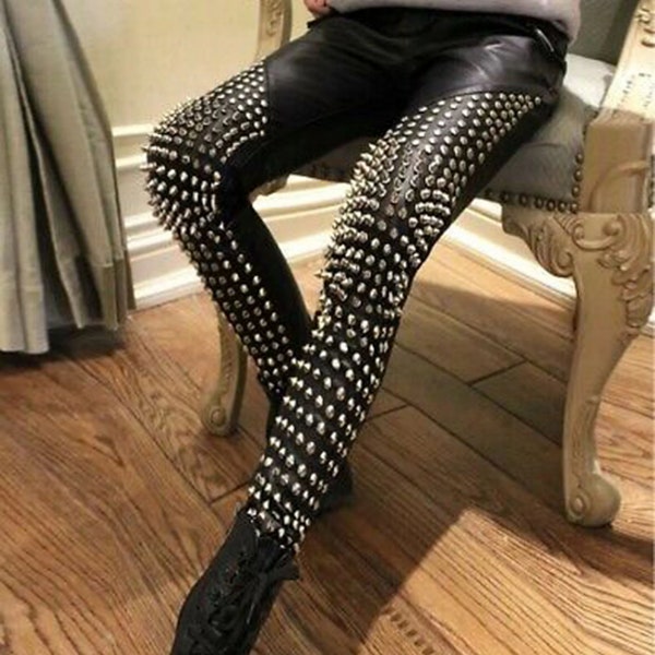 Elegant Handmade Real Sheepskin Leather Skinny Pants Silver Spike Studded Rock Punk Biker Women's Pant