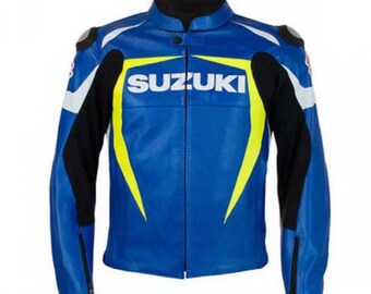 Elegant Men's SUZUKI BLUE-YELLOW Motorcycle Armoured Cowhide Genuine Leather Motor Biker's Jacket with Safety Pads