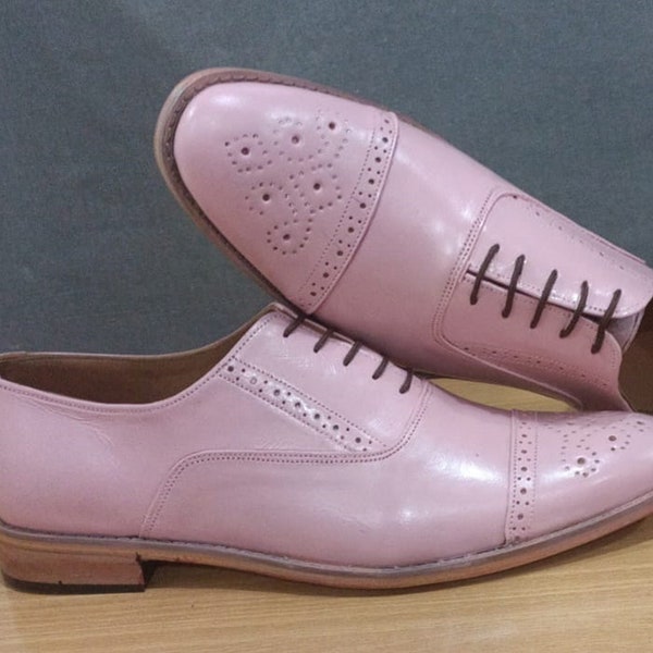 Handmade Baby Pink Color Genuine Leather Cap Toe Brogue's Oxfords Lace Up Stylish Shoes for Men's
