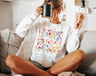 Moletom vintage com flores silvestres prensadas, Granola Girl, camisa com flores silvestres, gola redonda Cottagecore, suéter com flores boho, pulôver botânico