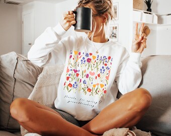 Moletom vintage com flores silvestres prensadas, Granola Girl, camisa com flores silvestres, gola redonda Cottagecore, suéter com flores Boho, pulôver botânico