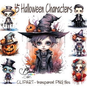 15 Halloween Characters Clipart, Halloween Creatures png, Creepy Halloween, Scary Clipart, Pastel halloween clipart, Antique halloween