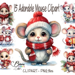 15 Imágenes Prediseñadas de ratón de Navidad, Feliz Navidad, Tarjeta de Navidad, Ratón PNG, Imágenes Prediseñadas de ratón lindo, Animal Png, Imágenes Prediseñadas de invierno, Navidad de acuarela