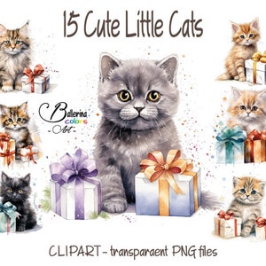 15 Cute cats clipart, Cat with presents, Christmas Cat, Cat gift, Watercolour cat png, Animal clipart, Cute cats, Cat lover gift, Black cat