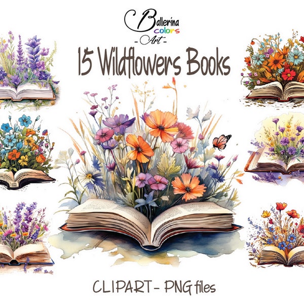 15 Wildflowers emerging from a open book clipart, Boho Png, Wildflowers Clipart,Book lover gifts, Delicate Flowers,Wild flower t-shirt print