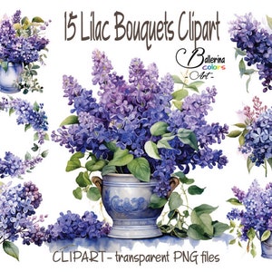15 Purple Flower Bouquets, Purple Lilac Flowers Clipart, Jurnaling notebook, Spring Flowers, Wedding templates, Lilac Branches png,Lilac Png