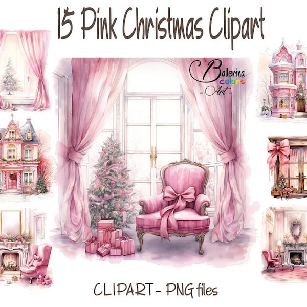 15 Pink Christmas Png, Pink House Png, Pink Christmas Scene clipart,Christmas Fireplace clipart,Winter clipart,Pink Christmas Window clipart