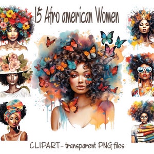 15 Afro Woman PNG, Black Woman Clipart Watercolor, Floral Afro Women Art, African American, Black queen, Afro Illustration, Flower Woman png