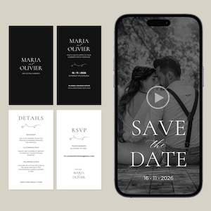 Peut inclure: Ensemble d'invitations de mariage en noir et blanc, avec une maquette de smartphone affichant une vidéo "Save the Date". Comprend des cartons d'invitation avec noms et dates, ainsi que des options pour la musique, les photos et le partage.