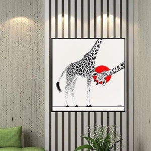 The second version of the giraffe, is she peeking from the picture next to it? Maybe there are two giraffes here? what do you see? But she's funny and sweet, instant printable contemporary living room art