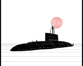 Digital drawing of submarine for home decoration, black and white illustration for hanging, print yourself and hang it on the kitchen wall