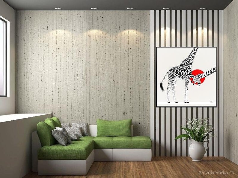 The second version of the giraffe, is she peeking from the picture next to it? Maybe there are two giraffes here? what do you see? But she's funny and sweet, instant printable contemporary living room art