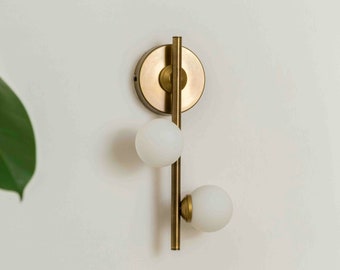 Vertical Vanity Wall Light, White Glass Globe Wall Lamp, Modern Wall Sconce, Brass Elegant Wall Lighting, Minimalist Bedside Wall Lamp