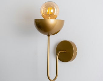 Brass Modern Wall Sconce, Contemporary Wall Light, Bedside Plug-In Lighting, Mid-Century Brass Light Fixture,  Luxury Curved Wall Sconce