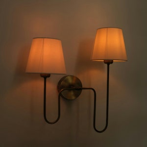 Aged Brass Wall Mount Lamp, Vintage Double Arm Sconce, Unique Wall Lighting Fixture, Mid Century Modern Wall Sconce, Double Shade Wall Light