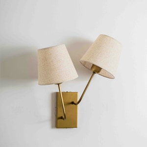 Double Arm Wall Sconce, Modern Farmhouse Wall Light Fixture, Fabric Lampshade Sconce, Bedside Wall Lighting, Contemporary Brass Wall Sconce