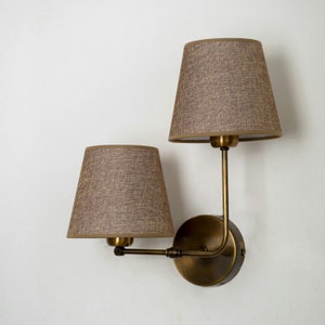 Antique Brass Wall Lamp, Home Decor Wall Lighting, Vintage Fabric Lampshade Sconce, Mid-Century Modern Double Shade Wall Lamp, Retro Sconce