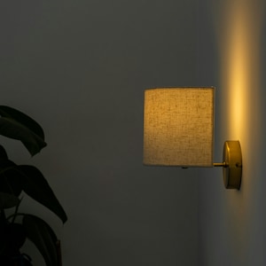 Modern Wall Sconce, Minimalist LampShade Wall Light, Brass Wall Lamp, Plug In Sconce Lighting, Linen Fabric Lampshade, Bedside Wall Sconce