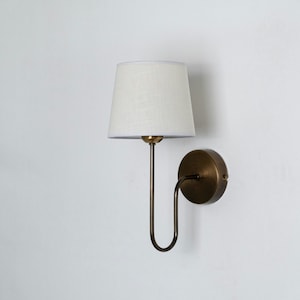 White Lampshade Wall Sconce, Home Library Wall Lamp, Scoop Sconce, Curved Arm Wall Light Fixture, Off-White Fabric Sconce, Minimalist Sconce