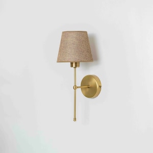 Contemporary Brass Wall Sconce, Living Room Lighting Fixture, Elegant Bedside Wall Lamp, Hardwired Brass Sconce, Linen Lampshade Wall Sconce