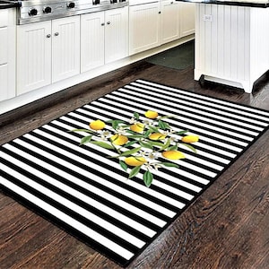 Lemon Design Rug, Kitchen Lemon Pattern Rug, Kitchen Decor Rug, Lemon Decor Rug, Striped Lemon Rug, Floor Rug, Washable Rug, Indoor Rugs