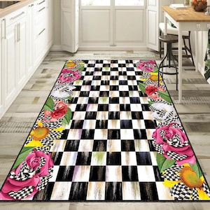 Checkered Decor Rug Floral Design Rug, Floor Rug, Kitchen Rug, Kitchen Decor Rug, Runner Kitchen Rug, Non Slip Cotton Based