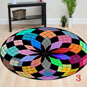 Geometric Round Rug: Retro Vortex Design, Washable