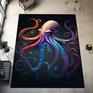 Marine Life Rug,  Cute Octopus Rug, Colorful Dreamy Floor  Rug, Octopus Decor Rug, Animal Decor Rug, Purple Rug