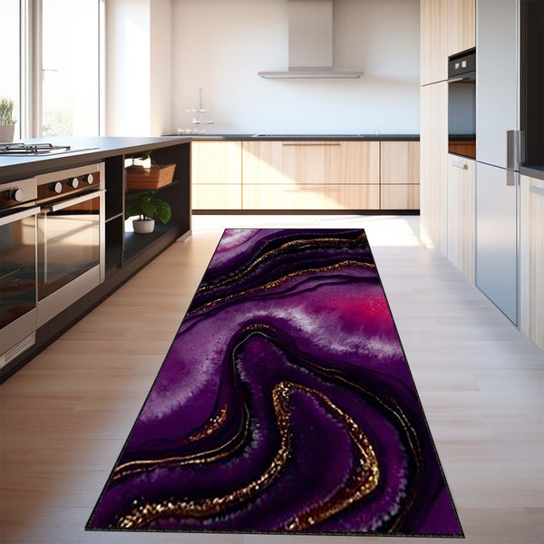 Purple Runner Rug, Gold Hallway Rug, Indoor Rug, Marble Runner Rug, Marble Stair Rug, Home Decor Rug, Kitchen Decor Rug, Custom Rugs Carpet