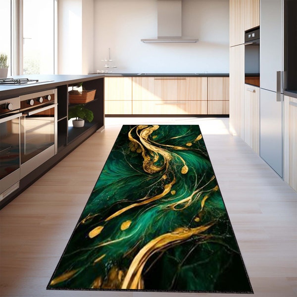 Marble Decor Rug, Marble Gold Rug, Runner Decor Rug, Kitchen Emerald Rug, Kitchen Runner Rug, Marble Design Rug, Gold Decor Rug, Emerald Rug