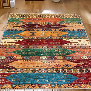 May include: Multicolored area rug with a geometric pattern featuring a variety of colors including red, orange, yellow, green, blue, and brown.