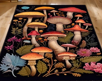 Mushroom Rug, Mushroom Pattern Rug, Floral Art Decor Rug, Floor Rug, Indoor Rug, Machine Washable Rug,