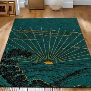Puede incluir: Alfombra azul turquesa con una salida del sol sobre una cordillera. El sol es amarillo y las montañas están delineadas en negro. El fondo es azul turquesa oscuro con rayos amarillos que emanan del sol.