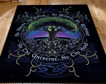 Mystical Celtic Tree of Life Rug with Inspirational Quote, Boho Spiritual Decor Carpet, Floor Mat, Unique Universe