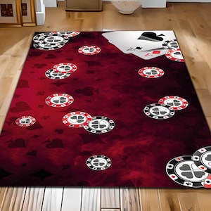 Poker Kasino Teppich, Roter und Schwarzer Poker Chips Teppich, Spielkarten Design Teppich, Stilvolles Spielzimmer Dekor für Poker Liebhaber Gamer Teppich, Waschbarer Teppich