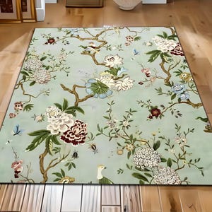 Vintage Botanical Area Rug, Birds And Floral Tree Rug, Green Background Rug, Living Room Bedroom Rug, Natural Decor Rug, Salon Area Rug, Mat