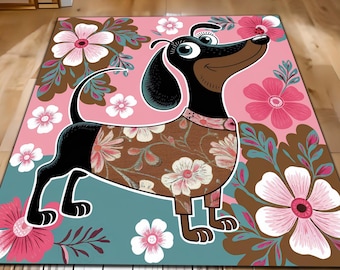 Custom Dog Rug, Colorful Dachshund Area Rug for Living Room, Floral Dog Themed Floor Mat, Pet Lovers Cute Gift Idea