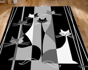 Cat Rug, Modern Cat Pattern Rug, Washable Black and Gray Area Carpet, Non Slip Floor Mat, Cat Lover Gift, Stylish  Decor Rug,