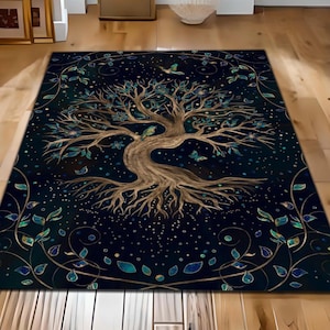 Tree of Life Area Rug: Celestial Stars, Boho Spiritual Decor, Washable