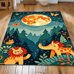 Alfombra infantil con temática de safari en la jungla, bonita alfombra de juego con animales del bosque, alfombra infantil con temática de noche a la luz de la luna, decoración con dibujos de león y elefante, alfombra temática de aventuras
