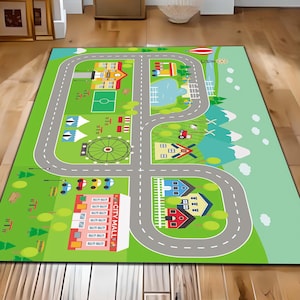 Kinder Stadt Spielmatte Straßenteppich, Gebäude Park und Fahrzeuge Teppich, Bunter Stadtplan Teppich, Kleinkind Jungen Mädchen Teppich, Spielzimmer Dekor Teppich, Bodenmatte