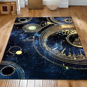 Alfombra del universo celestial, alfombra de galaxia, diseño de mapa estelar de galaxia cósmica, alfombra inspirada en la astrología, constelación azul oscuro y dorada, decoración espacial