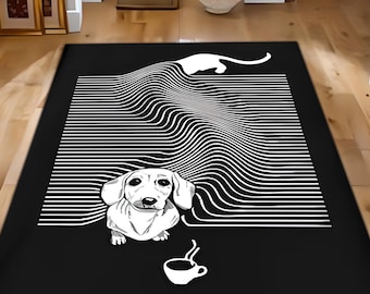 Modern Dachshund Dog Area Rug, Black and White Op Art Dog Lover's Decor,  Floor Rug, Dog Rug,