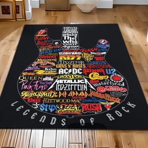 May include: Black area rug in the shape of a guitar, featuring the words "Legends of Rock." The rug is filled with the names of rock bands in various colors, including Metallica, Led Zeppelin, and AC/DC. A decorative floor covering.
